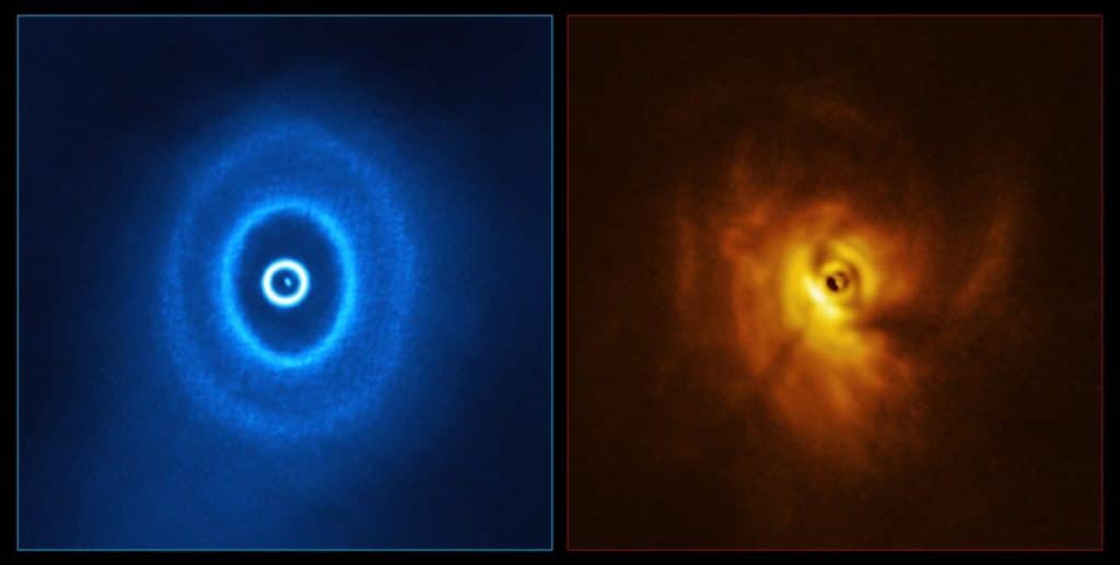 ALMA, in which ESO is a partner, and the SPHERE instrument on ESO’s Very Large Telescope have imaged GW Orionis, a triple star system with a peculiar inner region. Unlike the flat planet-forming discs we see around many stars, GW Orionis features a warped disc, deformed by the movements of the three stars at its centre. The ALMA image (left) shows the disc’s ringed structure, with the innermost ring separated from the rest of the disc. The SPHERE observations (right) allowed astronomers to see for the first time the shadow of this innermost ring on the rest of the disc, which made it possible for them to reconstruct its warped shape. 