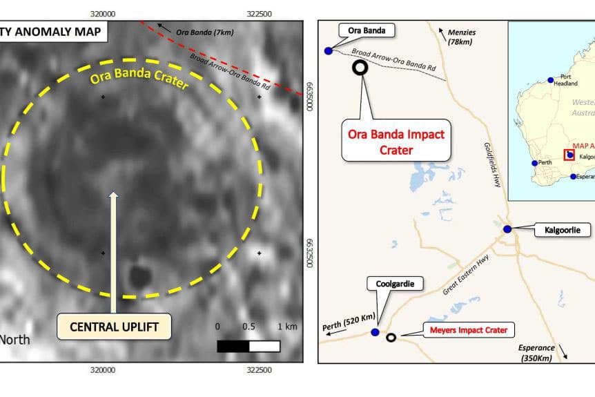 Gravimetric map showing Ora Banda crater and location of the impact site