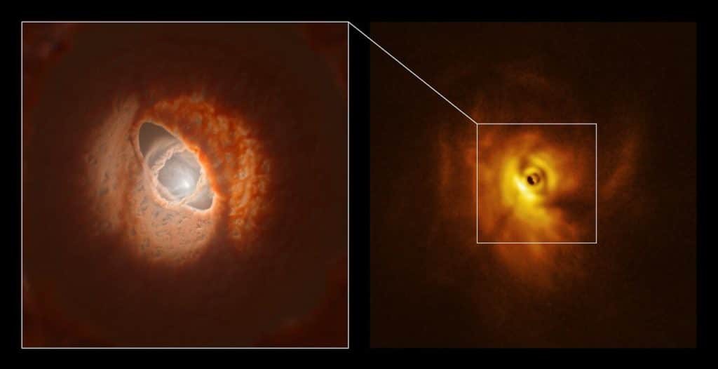 ALMA, in which ESO is a partner, and the SPHERE instrument on ESO’s Very Large Telescope have imaged GW Orionis, a triple star system with a peculiar inner region. The new observations revealed that this object has a warped planet-forming disc with a misaligned ring. In particular, the SPHERE image (right panel) allowed astronomers to see, for the first time, the shadow that this ring casts on the rest of the disc. This helped them figure out the 3D shape of the ring and the overall disc. The left panel shows an artistic impression of the inner region of the disc, including the ring, which is based on the 3D shape reconstructed by the team. Credit: ESO/L. Calçada, Exeter/Kraus et al.