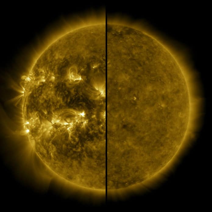 This split image shows the difference between an active Sun during solar maximum (on the left, captured in April 2014) and a quiet Sun during solar minimum (on the right, captured in December 2019). December 2019 marks the beginning of Solar Cycle 25, and the Sun’s activity will once again ramp up until solar maximum, predicted for 2025