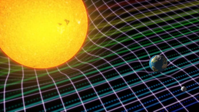 Artistic representation of the Sun, the Earth and the Moon with the space-time curvature of Einstein's General Relativity over the spectrum of sunlight reflected from the Moon