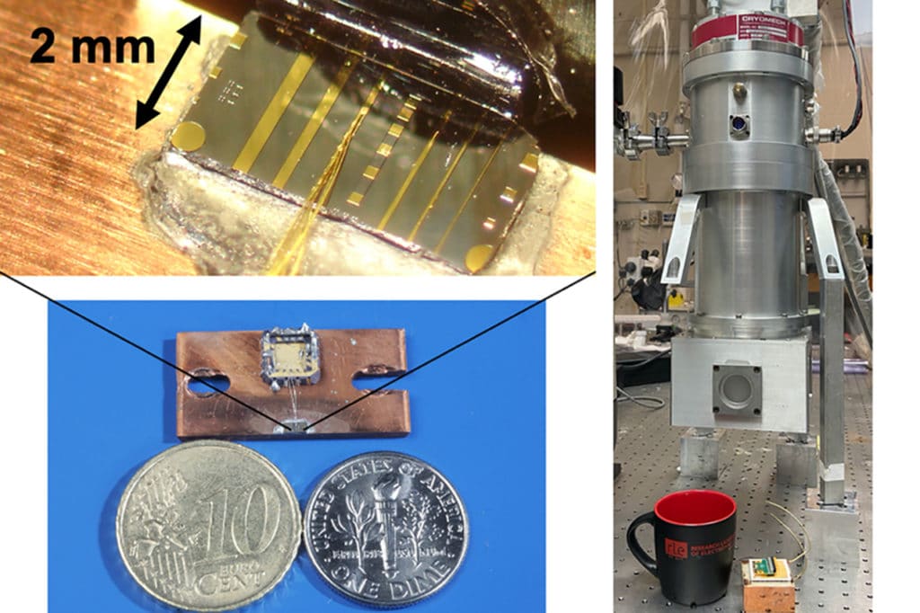 In the photo on the right, you can see a small laser chip with a thermoelectric cooler on a block next to the coffee mug. The background is a big cryo-cooler. On the left, you can see the tiny terahertz QCL.