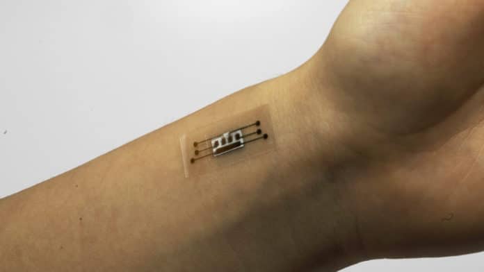 Flexible TRACE sensor patches can be placed on the skin to measure blood flow in superficial arteries.