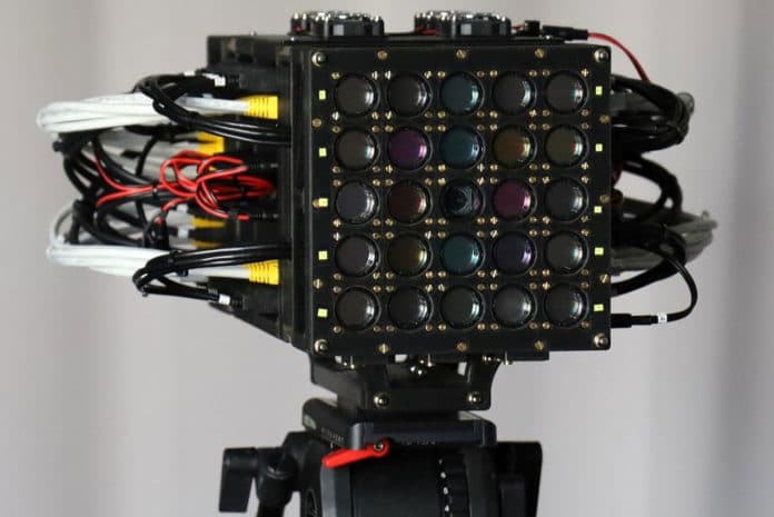 The prototype of the high-resolution multi-spectral camera developed by a research team at the Chair of Multimedia Communications and Signal Processing at FAU: 5x5 cameras combine spatial, temporal and spectral resolution