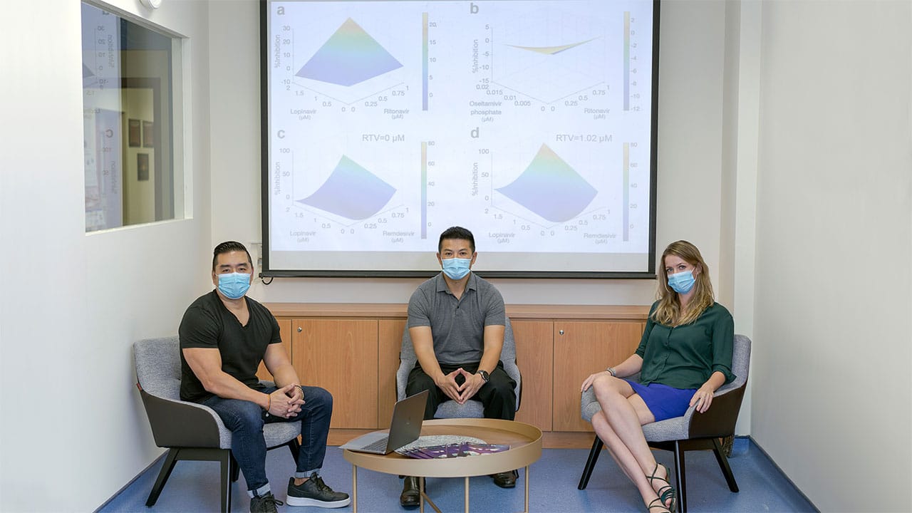 (From left) Professor Dean Ho, Associate Professor Edward Chow, and Dr Agata Blasiak worked with their collaborators to derive an optimal combination of available therapies against SARS-CoV-2 using the IDentif.AI platform.