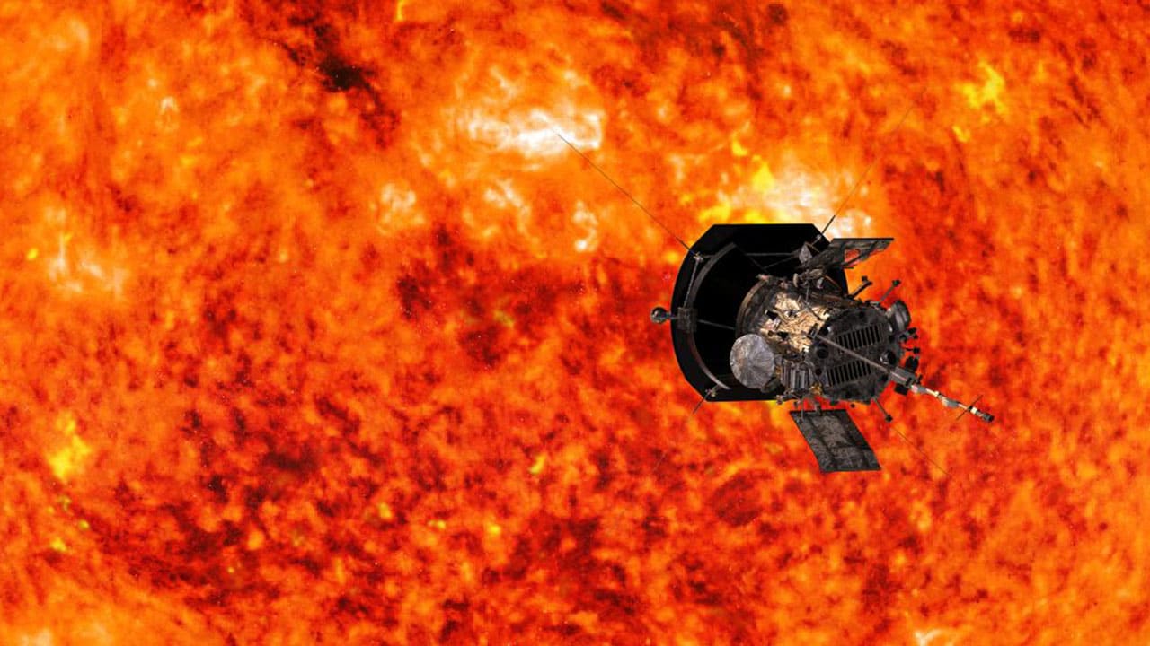 Parker Solar Probe circles in front of the sun in this artist rendering