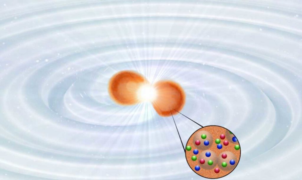 Collision of two neutron stars showing the electromagnetic and gravitational-wave emissions during the merger process