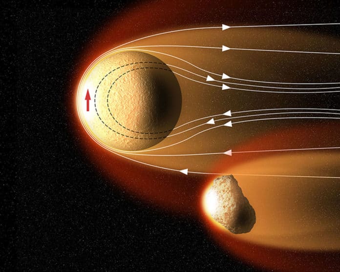 Illustration of solar wind flowing over asteroids in the early solar system