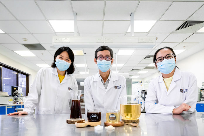 The new probiotic coffee and tea beverages developed by the NUS research team (from left: Ms Alcine Chan, Associate Professor Liu Shao Quan, and Ms Wang Rui) can be stored for more than three months without compromising their probiotic viability.