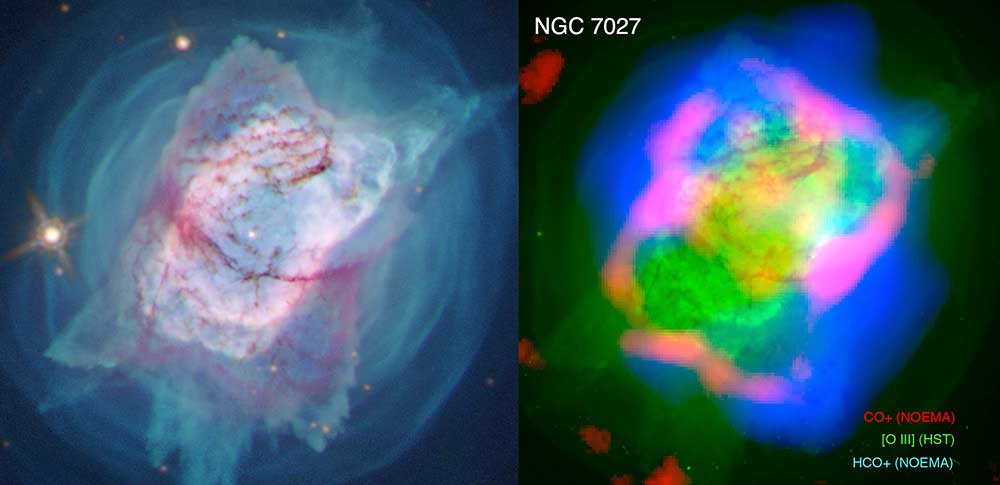 The RGB image on the right reveals the spatial separation of molecules CO+
