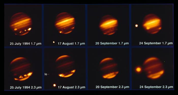 This image, taken with the MPG/ESO 2.2-metre telescope and the IRAC instrument, shows comet Shoemaker–Levy 9 impacting Jupiter in July 1994