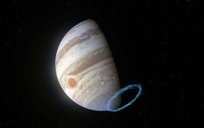This image shows an artist’s impression of winds in Jupiter’s stratosphere near the planet’s south pole