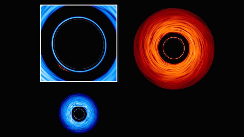 A face-on view of the system highlights the smaller black hole's distorted image (inset) of its bigger companion