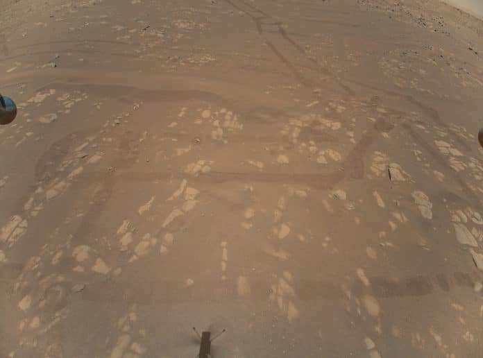 Close-up view of the first color image of the Martian surface taken by an aerial vehicle while it was aloft