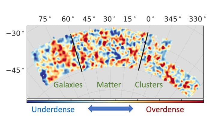 A map of the sky showing the density of galaxy clusters