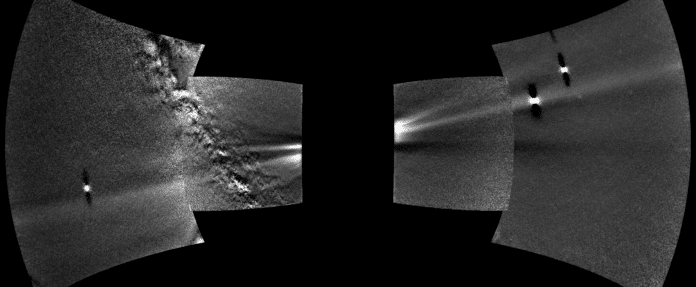 Images from the WISPR instrument — short for Wide-field Imager for Solar Probe — on board NASA’s Parker Solar Probe spacecraft have provided the first complete view of the ring of dust along Venus’ orbit. The dust ring stretches diagonally from the lower left to the upper right of the image, marked by the red dashed line in the annotated version of the image (right). The bright objects are planets: from left to right, Earth, Venus, and Mercury. Part of the Milky Way galaxy is visible on the left side. The four frames of this composite image were captured on Aug. 25, 2019. Credits: NASA/Johns Hopkins APL/Naval Research Laboratory/Guillermo Stenborg and Brendan Gallagher