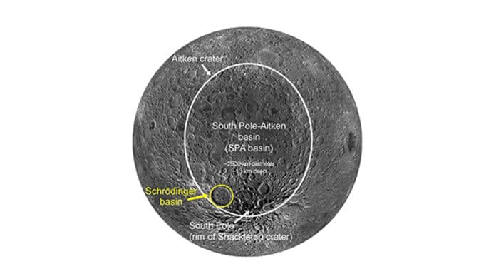 View of the southern, midlatitude far side of the moon showing the SPA basin outlined in white and the Schrödinger basin outlined in yellow