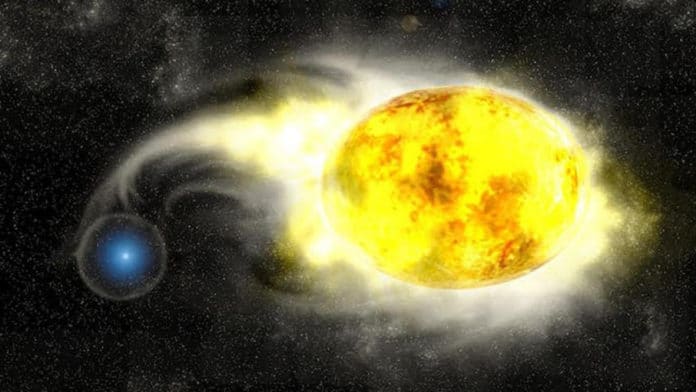 Artist's impression of a yellow supergiant in a close binary with a blue