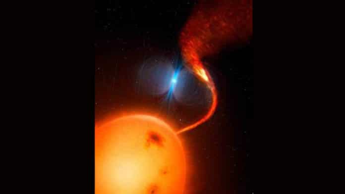 An illustration of a fast-spinning, magnetic white dwarf
