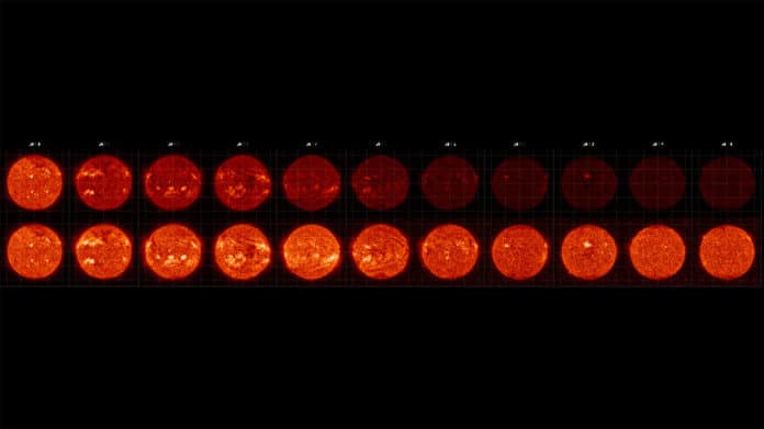 The top row of images show the degradation of AIA’s 304 Angstrom wavelength channel over the years since SDO’s launch