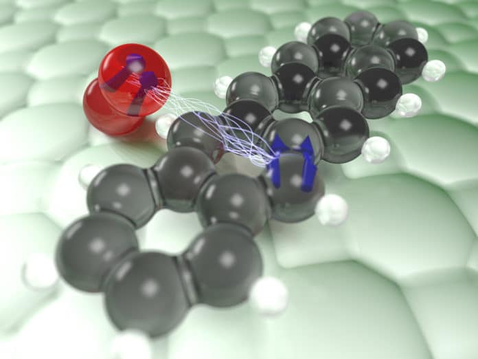 Artist's impression of the interaction of the triplet state (blue arrows) of an individual pentacene molecule (black and white) with an oxygen molecule (red). Credit © Jascha Repp