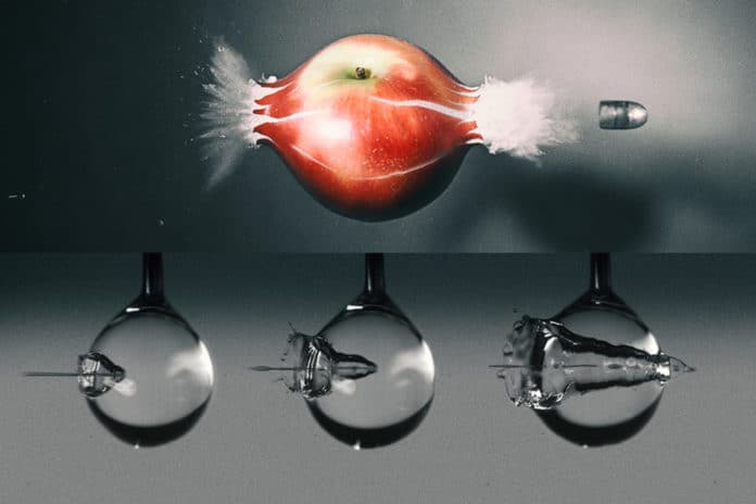 New study on water jets impacting liquid droplets resembles Harold “Doc” Edgerton’s high-speed photos of a bullet fired through an apple. Analysis could help tune needle-free injection systems. Credit: Courtesy of researchers, and Tiny Giants