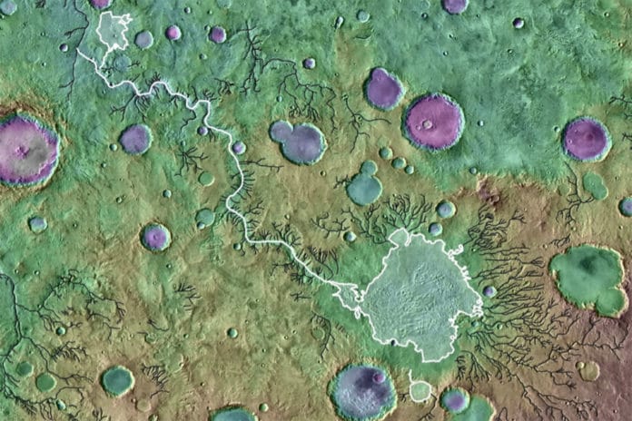 Craters and river valleys on the surface of Mars