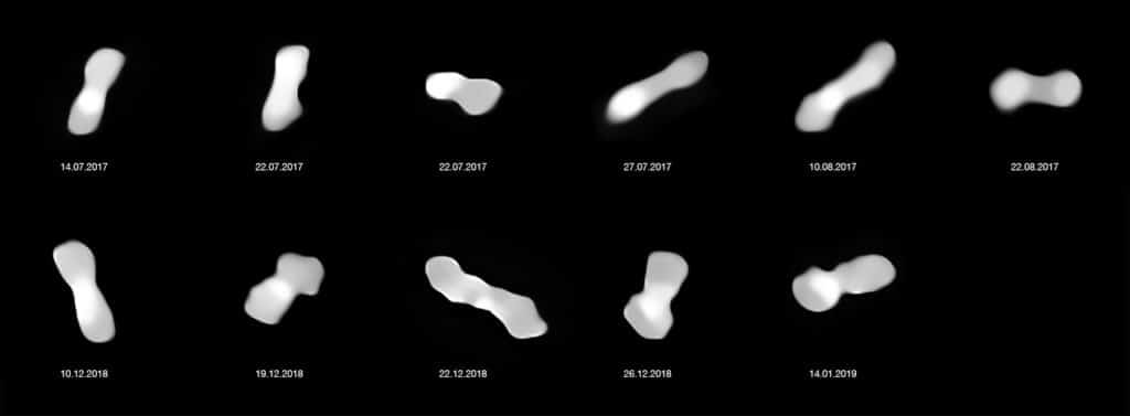 Asteroid Kleopatra from different angles (annotated)