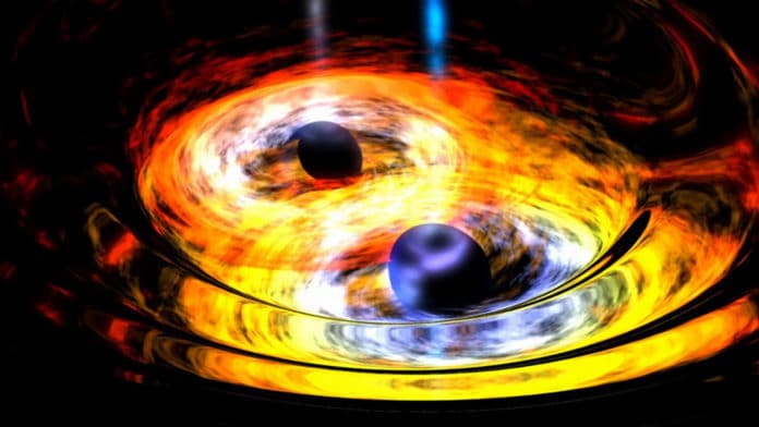 Image showing two black holes merging