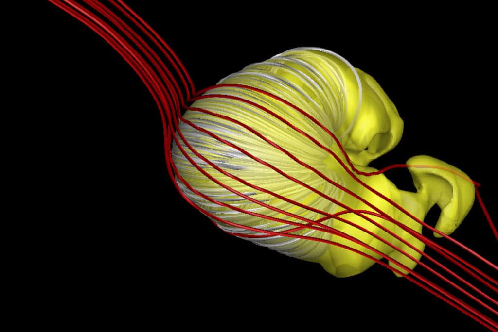 Image of what a heliosphere might look like. Image shows a croissant-shaped light yellow blob, with red lines passing through it, all displayed on a black background