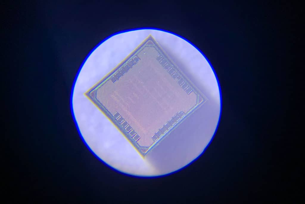 Figure 2 Microscope view of the chip designed by TalTech researchers. The chip measures only 1mm x 1mm and contains four Trojan Horses.