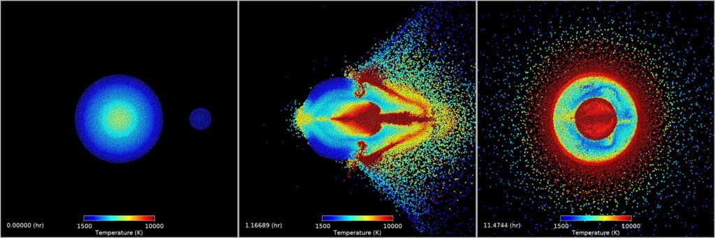 An example of a smoothed particle hydrodynamics impact simulation of a large planetesimal striking a Venus-like planet