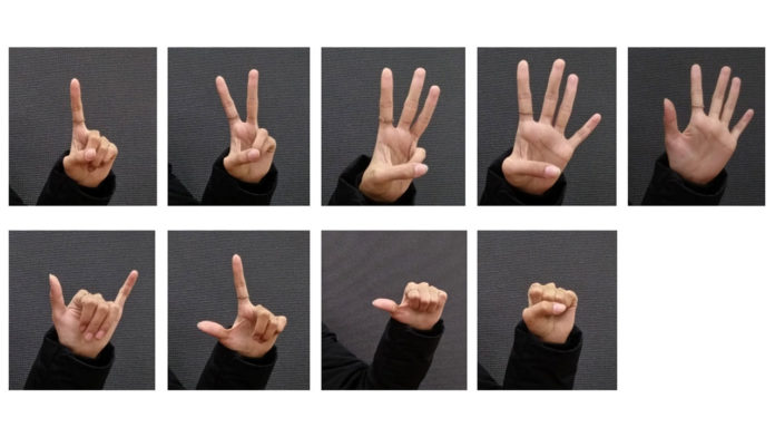 Images of the nine interactive hand gestures in the study. Credit: Zhang et al., doi: 10.1117/1.JEI.30.6.063026