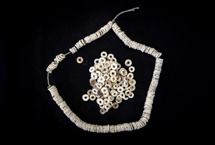 A string of modern ostrich eggshell beads from eastern Africa.