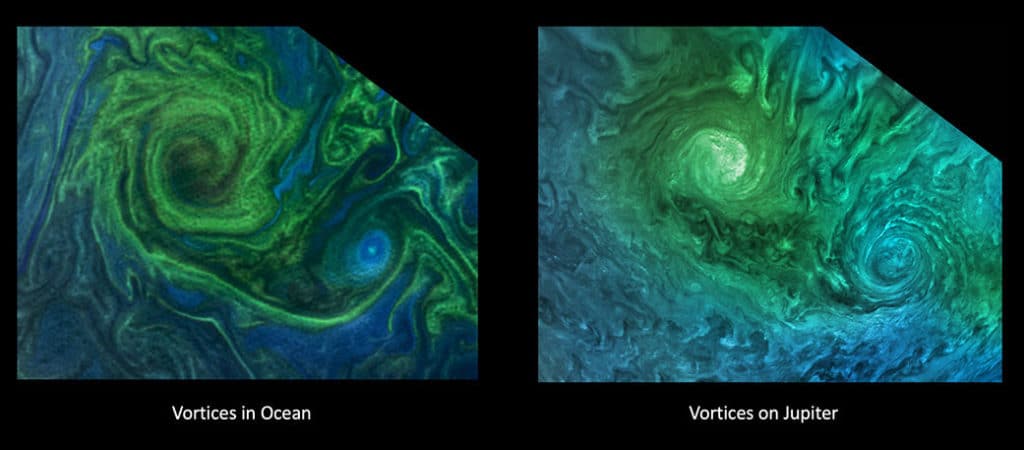 A phytoplankton bloom in the Norwegian Sea, and turbulent clouds in Jupiter’s atmosphere