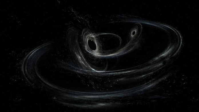 artist's conception of a precessing binary black hole