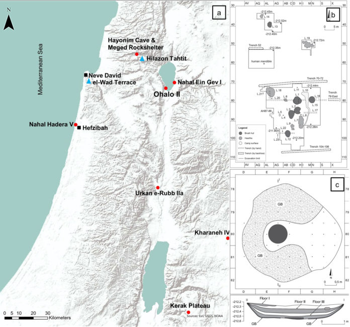 Map with location of southern Levantine Epipaleolithic sites mentioned in the text (a), plan of Ohalo II (b) and plan of Brush Hut 1 (c). (IMAGE)