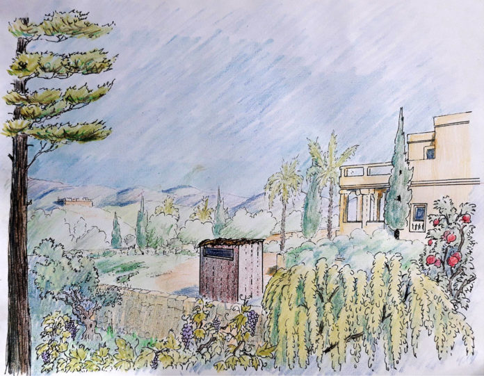 Reconstruction of the toilet room that stood in the garden of the Armon Hanatziv royal estate. Drawing by Yaniv Korman.