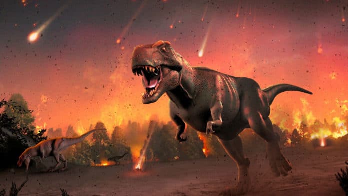 Image showing dinosaur running out of fear by asteroid impact