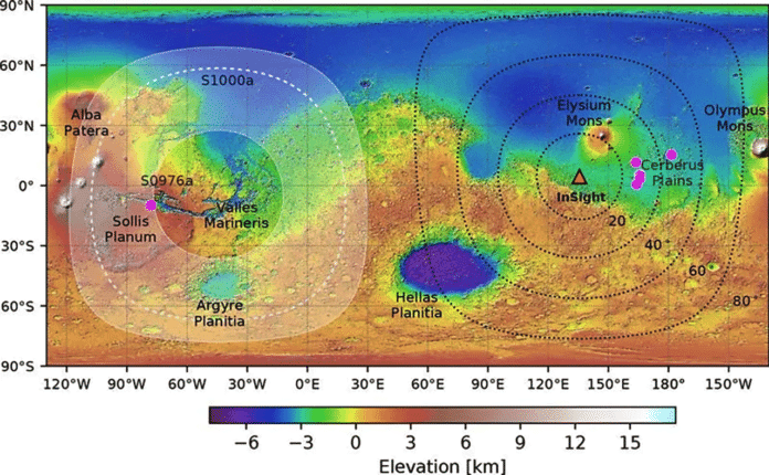Mars surface relief map showing InSight’s location (orange triangle), other located marsquakes (purple dots) that cluster around 30° distance, close to Cerberus Fossae, and S0976a, located within Valles Marineris just north of Sollis Planum. S1000a’s location is predicted to be somewhere within the shaded region between 107° and 147° from InSight. | Horelston et al. (2022) TSR