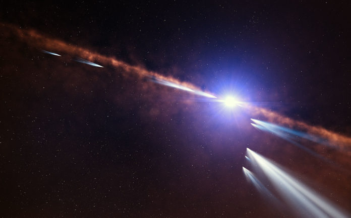 Artist's impression of exocomets orbiting the star β Pictoris.