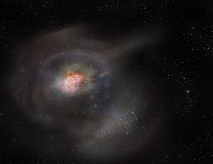Post-starburst galaxies, or PSBs, were previously thought to expel all of their gas in violent outbursts, leading to quiescence, a time when galaxies stop forming stars. But scientists using the Atacama Large Millimeter/submillimeter Array (ALMA) found that instead, PSBs condense and hold onto this turbulent gas, and then don’t use it to form stars. This artist’s impression highlights the compactness of molecular gas in a PSB and its lack of star formation.