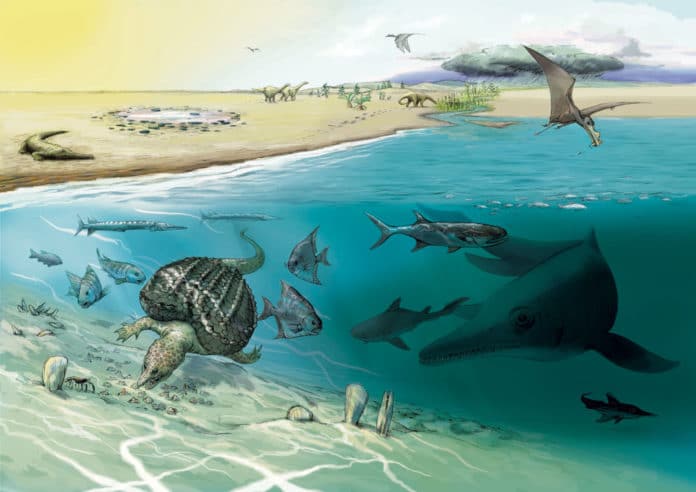 Illustration: - 200 million year old deposits of the precursor of the Mediterranean Sea have been preserved in the Swiss High Alps. Whale-sized ichthyosaurs came from the open sea only occasionally into shallower water.