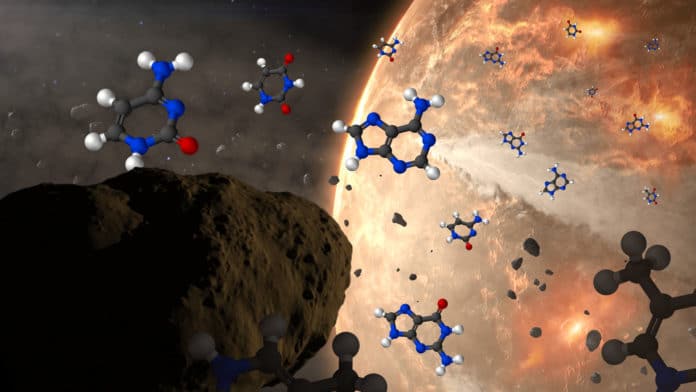 Conceptual image of meteoroids delivering nucleobases to ancient Earth. The nucleobases are represented by structural diagrams with hydrogen atoms as white spheres, carbon as black, nitrogen as blue and oxygen as red.