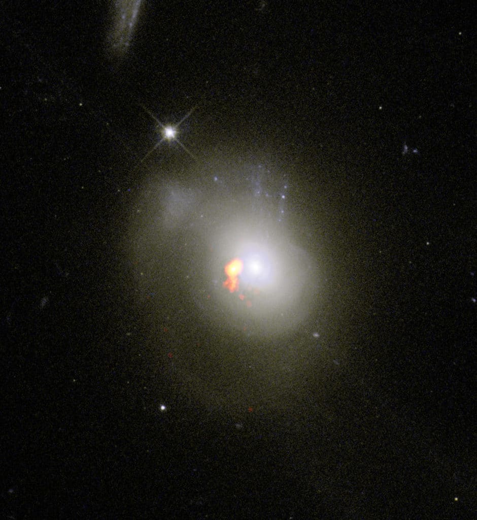 Scientists studying post-starburst galaxies, or PSBs, found that they don’t behave as expected. PSBs were previously believed to scatter their gas as they become dormant. New observations have revealed that these galaxies actually hang onto this gas and compact it near to their centers. PSB 0379.579.51789 is the one exception in the study. Here, radio data of the galaxy overlaid on optical images from the Hubble Space Telescope reveal that while the galaxy did hold onto its star-forming fuel, the collection of gas is located off-center.