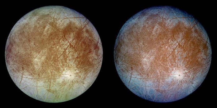 two views of Jupiter’s ice-covered satellite Europa