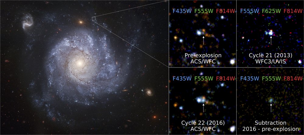 Left: Color image of Galaxy NGC 1309 before Supernova 2012Z. Right: Clockwise from top right: the position of the supernova pre-explosion; SN~2012Z during the 2013 visit; the difference between the pre-explosion images and the 2016 observations; the location of SN~2012Z in the latest observations in 2016.