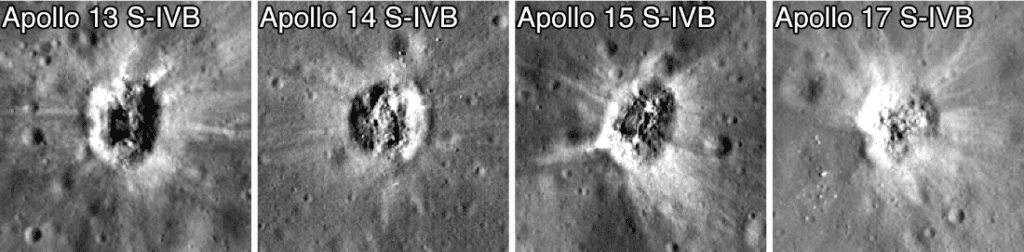 These four images show craters formed by impacts of the Apollo SIV-B stages: crater diameters range from 35 to 40 meters (38.2 to 43.7 yards) in the longest dimension.