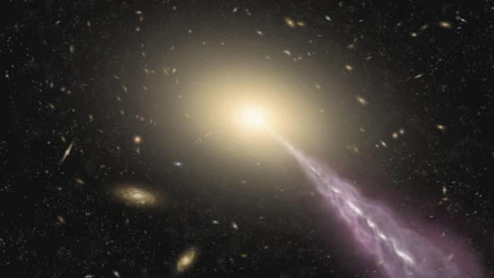 Artist's impression of a giant galaxy with a high-energy jet