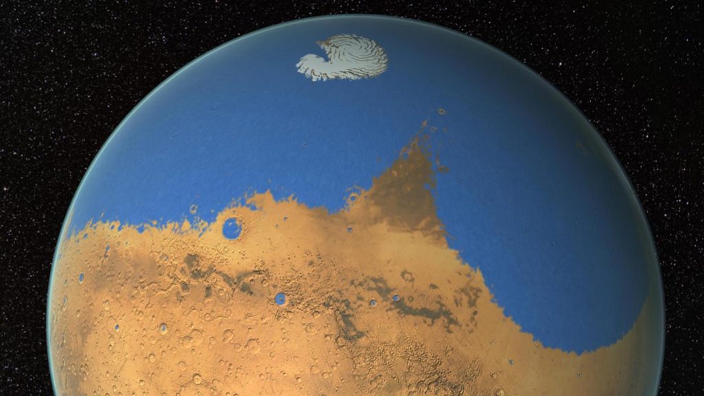 वर्षों से, शोधकर्ताओं ने इस बात पर बहस की है कि क्या मंगल के पास महासागर बनाने के लिए पर्याप्त पानी है, जैसा कि इस दृष्टांत अवधारणा में दिखाया गया है।